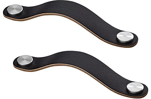 SOTECH 2 x Möbelgriff OSTERNAS BA 128 mm schwarz | (passend für 6 mm Bohrung) aus Rindsleder und Schraubknöpfen aus echtem Edelstahl / Ledergriff mit Befestigungsschrauben