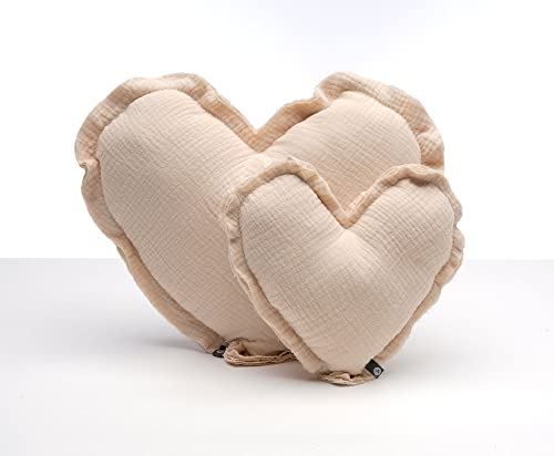 von Herzen Handmade Musselinkissen aus 100% Baumwolle Kuschelkissen I Dekokissen auf Musselin in Herzform I Herzkissen für Sofa & Bett I Handgenähtes Kissen (Groß (Ø ca. 32cm), Champagner)