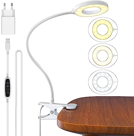 Aisutha Leselampe, Schwanenhals Leselampe Bett Augenschutz Klemmlampe mit 3 Modi & 10 Dimmstufen, 40cm Klemmleuchte für Büro Heimgebrauch, Schreibtischlampe Inklusive Adapter, Weiß
