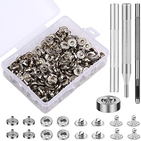 SUVSOON 50 Set Snaps Fasteners Kit, Silver 10mm Press Studs Snap Fasteners | Snap Button Kits Leather Rivets Snaps for Sewing Clothing Bag Jeans DIY Crafting