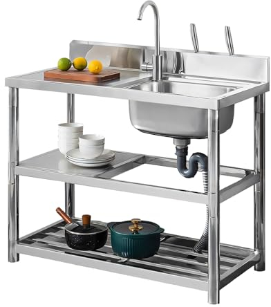 Stainless Steel Utility Sink, Single Bowl Free Standing Small Sink w/Workbench Faucet & Legs, 39.4 x 19.7 x 33.4 in Commercial Single Bowl Sinks for Indoor Outdoor Garage, Restaurant, Laundry
