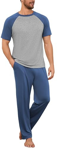 Bresdk Pigiama Uomo Estate Pigiami Uomo in Cotone Lungo Set 2 Pezzi Maniche Corte e Pantaloni Lunghi con Tasche Leggero e Morbido,Blu,3XL
