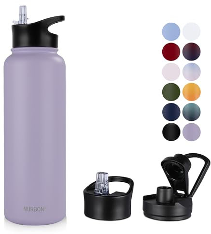 MURBONE Edelstahl Trinkflasche 1.2L (+2 Deckel)-mit Strohhalm,BPA frei,Thermosflasche Auslaufsicher,Kohlensäure Geeignet,Thermoskanne Vakuum Doppelwandisolierung für Sport, Reisen, Camping