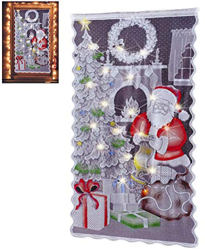 BSTCAR Rideau de Noël avec Lumière LED, Rideau en Dentelle du Père Noël, Rideaux de Fenêtre Semi-occultants pour Décoration de Porte Fenêtre 102x213cm (Blanc)