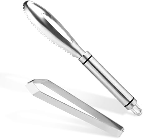 2pcs Fish Scales Scraping Tool, Manual Fish Scale Remover & Fishbone Clamp Stainless Steel Fish Descaler Tools No Mess Kitchen Fish Skin Brush Cleaner for Cooking Fish