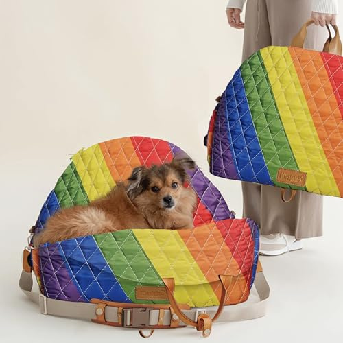Hundeautositz für kleine Hunde – 3-in-1 Reisetasche – waschbar, rutschfest, Sicherheitsgurte – passend für Vorder- und Rücksitze – gemütlicher Haustierautositz bis zu 11,3 kg – Regenbogen