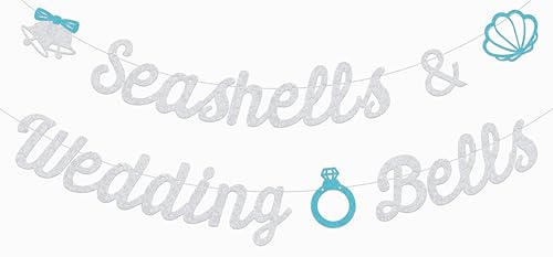 Coastal Bachelorette Party Decoration - Seashells & Wedding Bells Banner - Beach Theme Bridal Shower Wedding Decoration Silver Glitter