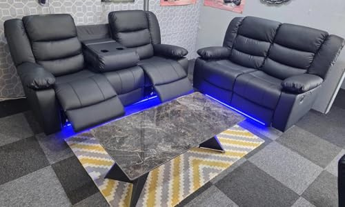 Madrid Leather Electric Recliner Sofa With Cupholders - Leather Sofa - 3+2 Seater - USB Charging Ports - LED Lights (Black, 3+2 Seater)