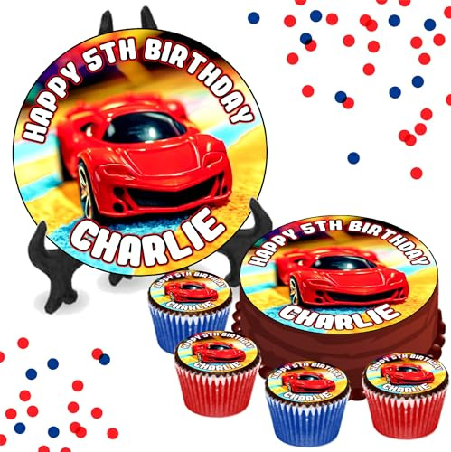 Red Toy Car PERSONALISED Edible Cupcake Toppers / 8 Inch Cake Wafer or Icing - Adults & Kids Birthday Party Decorations - Perfect for Brownies, Cookies, Muffins & More!