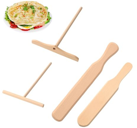 4 stycken crêpefördelare och spadar, T-formad degfördelare av bokträ, crêpetillbehör, trä med pannkaksvändare, distributör, spatel och skrapa, för crêpepannkakor, tårtor