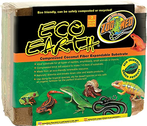 Zoo Med Eco Earth - Natural Substrate in Coconut Fiber for terrariums and reptiles, for Amphibians, reptiles and Insects, compostable and recyclable (Pack of 3)
