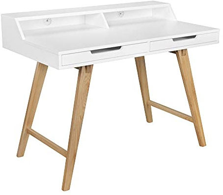 FineBuy Schreibtisch 110 x 85 x 60 cm MDF-Holz skandinavisch weiß matt Arbeitstisch, Design Laptoptisch mit Kabeldurchlass, Bürotisch mit Eiche-Beinen Weiß
