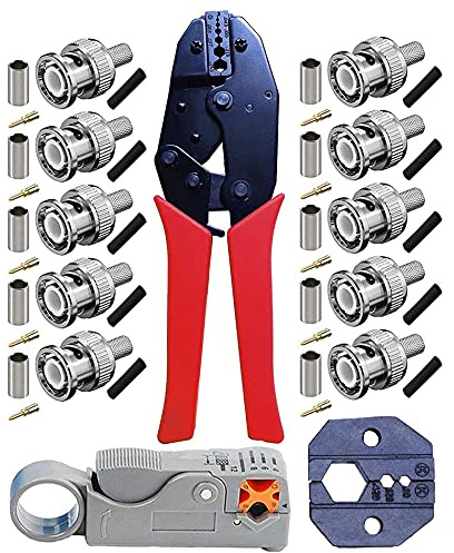 Crimpzange für RG58 - Kagni BNC/TNC Ratschen-Crimpzange und Koaxialkabel-Abisolierzange mit 10-tlg BNC-Crimp-Stecker für RG58
