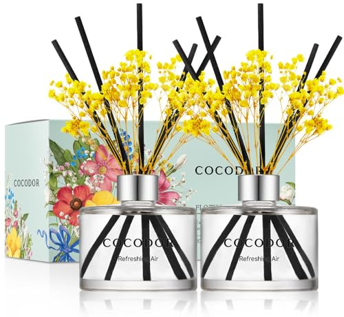Cocod'or [COCODOR/Refreshing Air Flower Reed diffusers Oil with a Set of 5 Fiber Sticks, 200ml*2packs, Best for Home, Kitchen, Bathroom. Diffusers with sticks