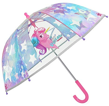 Regenschirm Transparent Einhorn Kleine Mädchen - Pink Rosa Kinderregenschirm Unicorn Sterne Reflektierend - Kinder Regen Schirm Durchsichtig Kindergarten 3/6 Jahre - Durchmesser 64 cm (Reflektierend)