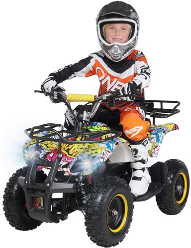Actionbikes Motors Kinder Quad Elektro ATV Torino (Gelb Graffiti) | 𝟑𝟔 Volt 𝟭𝟬𝟬𝟬 Watt Motor bis 𝟐𝟒 km/h | Kinderquad | Pocket Quad | Safety Touch Fußschalter | Für Kinder ab 8 Jahren