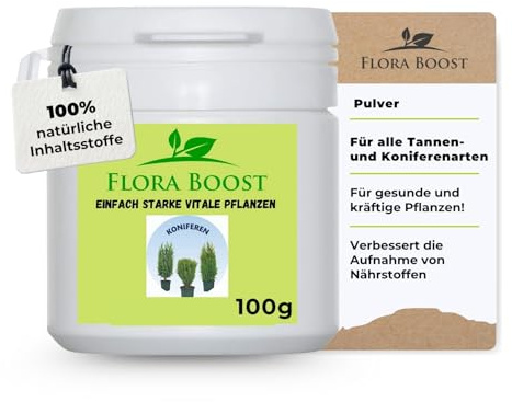 Flora Boost Koniferen Dünger Flora Boost 100g I Für bis zu 100L Gießwasser I Dünger in Pulverform I Für Koniferen, Tannen & Thujen geeignet I Blatt- & Wurzeldünger I 100% natürlicher Pflanzendünger