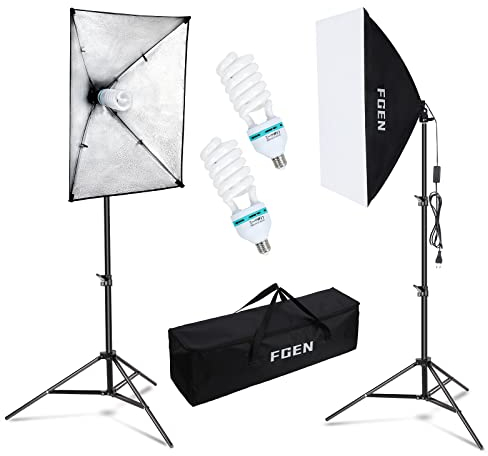 Softbox Lighting Kit,FGen 135W Softbox with 5500K Daylight Studio Light Bulbs Line Length 2.5m,Sturdy Tripod for Fashion Portrait,Product Shooting and Filming