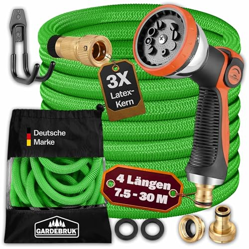 GARDEBRUK® Flexibler Gartenschlauch 22m 3fach Latexkern Vollmessing Adapter 1/2' 3/4' Zoll Wandhalterung Tasche Flexschlauch Wasserschlauch Grün