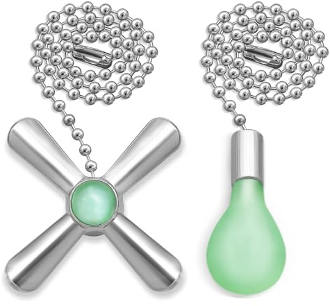 Dotlite Silver Ceiling Fan Pull Chain Set, 2Pack 3mm Diameter Beaded Fluorescent Decorative Pendant Extension, 12in Lighting & Fan Chain Extender with Connector Glow in The Dark(Silver)
