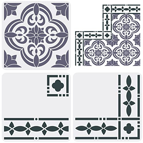 FINGERINSPIRE 3 Stück Santa Ana Fliesenschablone 30x30cm Groß Bodenfliesen Schablonen Bordüren Eckenschablonen Mandala Bodenfliesenschablone Betonschablonen Für Terrasse Bodenfliese Mauer