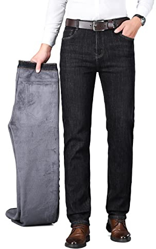 ziilay Jean d'hiver Thermique pour Homme - Pantalon Élastique avec Doublure en Polaire - Coupe Droite et Confort - W28-42, 8272h Noir, 42 W/34 L