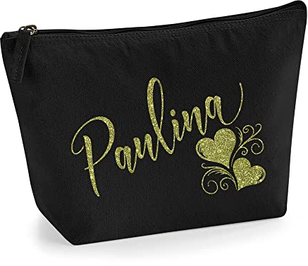 Personalisiert Name Initialen Herz Wirbel Kosmetiktasche Damen Schminktasche für Handtasche Makeup Tasche mit Texturdruck - Gold Glitter - L | Schwarz
