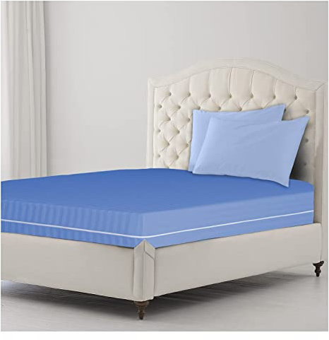 Protector de colchón a rayas, impermeable, funda totalmente ajustada a 360°, cierre de cremallera, antialérgico, transpirable, antichinches y ácaros del polvo, lavable a máquina (azul, Super King)
