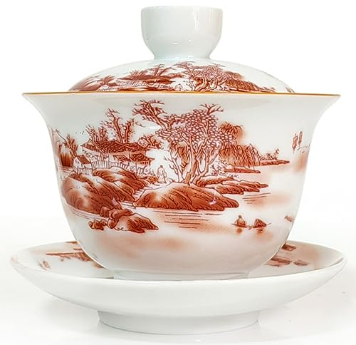 NIUKOMY Gaiwan Tazza da tè in porcellana, Tradizionale Tazza Kung Fu in Ceramica, Cinese Tazza da Tè con Coperchio e Piattino 200ML Pittura Paesaggistica Rossa