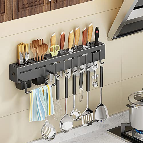 Tuzsocr 20 Inch Wall Utensil Knife Rack,Stainless Steel Knife Block Rack,Utensil Storage Rack,Self-Adhesive Glue,with 8 Hooks,for Home Kitchen Cookware Utensils,Kitchen Knife Organizers (50CM)