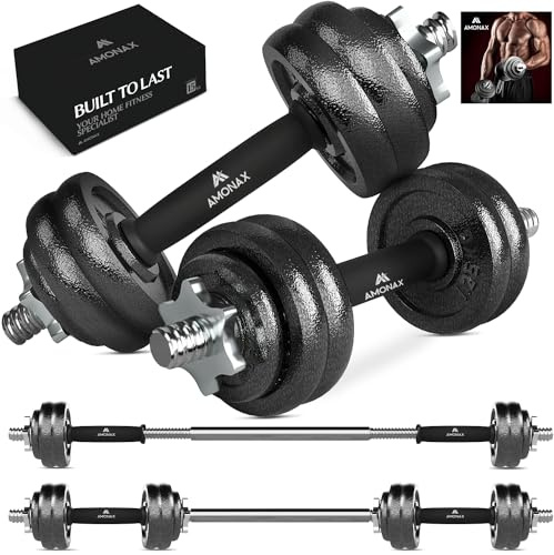 Amonax 20 30KG Pesi Palestra manubri Regolabili (15kg Coppia), Set Bodybuilding Attrezzi bilanciere con Dischi ghisa per Home Gym, Kit Sport Ideale per l'allenamento a casa, Dumbbells (Nero 15KG)