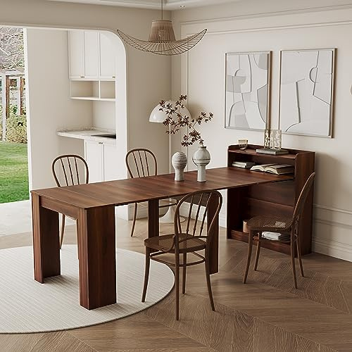 kevinplus 98.4'' Extendable Wood Dining Table with Storage for 6-10, Modern Rectangle Multifunctional Dining Kitchen Table Console Table for Living Room Home Office, Easy Assembly, Walnut