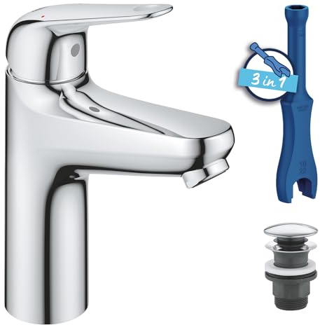 GROHE Swift, Waschtischarmatur, wassersparend (Wasserhahn für das Bad, Badarmatur mit Pop-Up Ablauf, 18cm hoch, mit 3in1 Werkzeug, einfache Installation am Waschbecken), chrom, 24326001