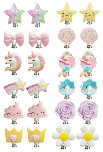 Lot de 12 Paires de Boucles d'Oreilles à Clips pour Enfants - Motifs Mignons de Dessin Animé, Fleurs et Princesse - Idéal pour Cadeaux d'Anniversaire