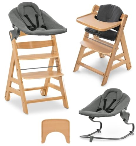 hauck Alpha Move Newborn Set mit Premium Bouncer Dark Grey - Baby Holz Hochstuhl ab Geburt mit Liegefunktion - extra flacher Aufsatz für Neugeborene, inkl. Essbrett & Baumwoll Sitzpolster