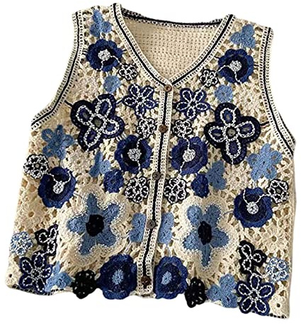 AOOOWER Gilet sans manches ajouré en tricot au crochet pour femme, cardigan court à perles florales avec boutons