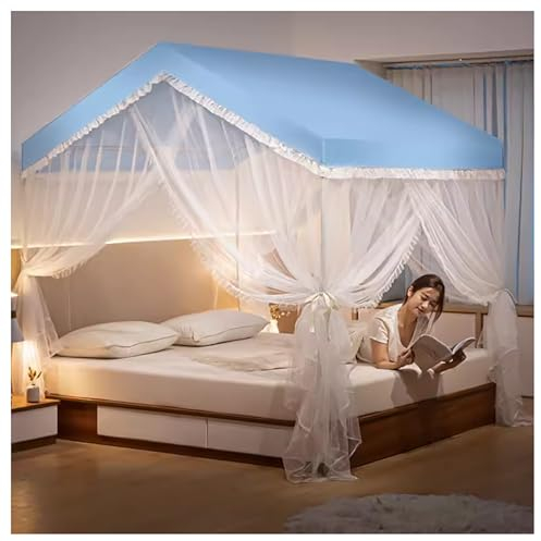 Atkits Hausbetthimmel, 4 Eckpfosten, Betthimmelrahmen, Kinderspielzelt, Innenhimmel, Bettrahmen, Pfostenstangen, Bettnetz, Baldachin Für Erwachsene,Blau,Full
