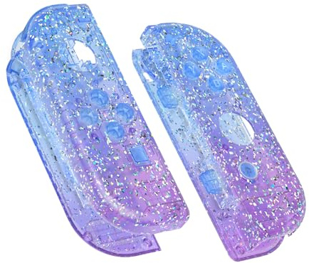 eXtremeRate DIY Replacement Shell Buttons for Nintendo Switch & Switch OLED Joycon and Strap, Glitter Gradient Translucent Bluebell Housing Wrist Strap with Buttons for Switch & Switch OLED