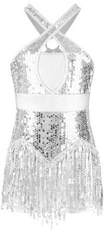YiZYiF Abito da Ballo Latino per Ragazze con Nappe Senza Maniche Vestito da Balletto Paillettes Body da Ginnastica Danza Competizione Costumi di Pratica Argento 7-8 Anni