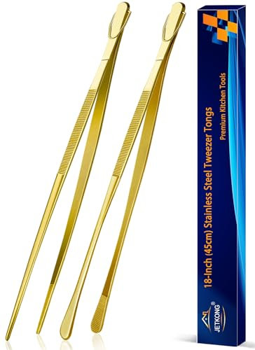 JETKONG 2 Pcs 18 Inch (45cm) Stainless Steel Grill Tongs Heavy Duty Giant Tweezer Tongs, Extra Large Tweezers Tools for Cooking, Grilling, BBQ and Turning Food (Gold)