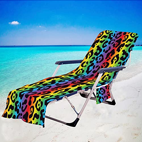 Treer Beach Chair Cover Towel, Microfiber Beach Towel 3D Leopard Beach Sunbed Towels, Portable Sun Lounger Towels with Pockets, Towel for Beach Garden Vacation (Rainbow,210x75cm)