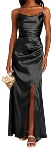 Robe de demoiselle d'honneur longue en satin avec fente et col bénitier - Robe de bal de fin d'année, robe formelle, Noir , 56 plus
