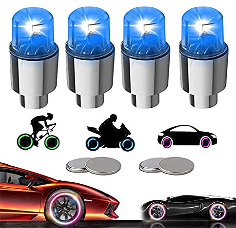 YUERWOVER LED Tire Lights for Car 4 Pack Trucks Valve Stem Caps Bike Golf Cart Firefly Wheel Light Bicycle Motorcycle Tyre Spoke Lamp Waterproof for Kids Boys with 10 Extra Batteries(Blue)