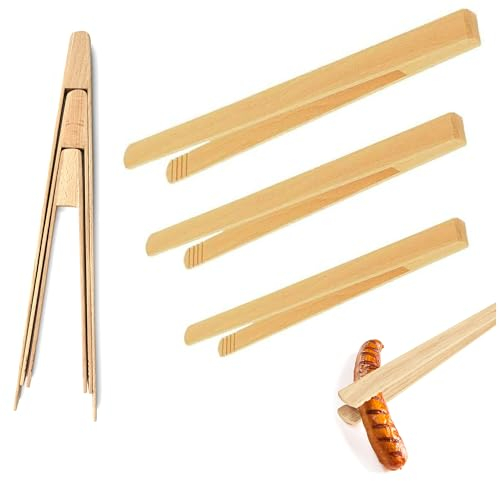 Hezhou 3pcs Grillzange Holz aus unbehandeltem Buchenholz Chefkoch Küchenzange aus Buchenholz robustes BBQ Werkzeug für den Grill für Wurst, Steaks und Gemüse. Die Bratwurst-Pinzette (S M L)