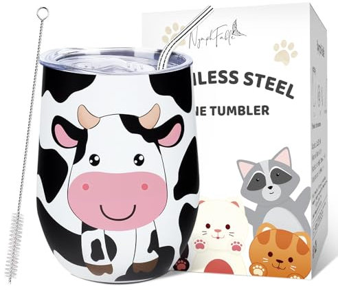 NymphFable 12 Oz Mucca Carino Tazza Termica Caffe con Coperchio e Cannuccia in Acciaio Inox Tumbler Bicchiere Termico di Vetro Senza Stelo