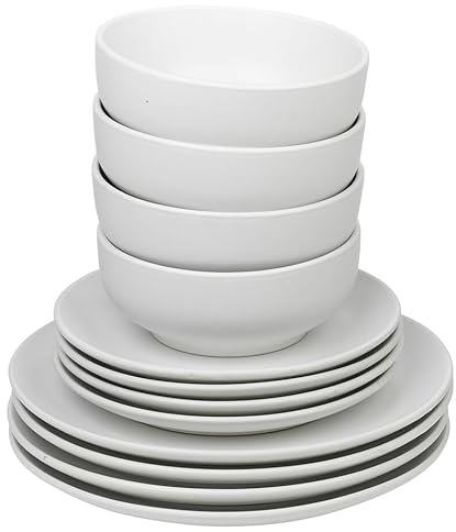 Queensway Home & Dining Stone Ceramic Dinnerware of 12/24 Pcs Crockery Plates Bowls for Dining Set, 4 Solid Colour Elegant Tableware Set - Dishwasher Safe, Dessert, Pasta, Salad Plates with Bowls