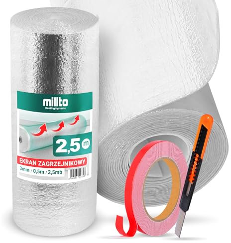 Lamina Isolante Termico Termoriflettente 2,5m x 0,5m x 3mm | Pellicola Riflettente per Rermosifone Rotolo Foglio per Pareti dei Termosifoni Isolamento Posteriore Nastro Biadesivo Taglierino