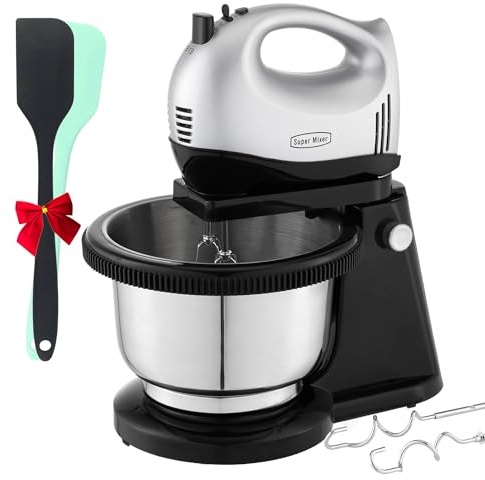 Handrührer KMS3A, Handrührgerät, Rührschüssel Plus Halterung, 2 Rührbesen, 2 Edelstahl-Knethaken, 5 Stufen, Turbo, 300W, Silbergrau, Speziell für das Backen zu Hause