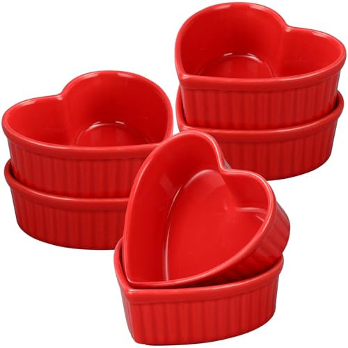 Lot de 6 ramequins en céramique en forme de cœur pour la Saint-Valentin, 170 g, passent au four, petits ramequins de pâtisserie pour cuisine, fête, goûter, sauce, condiments (rouge)