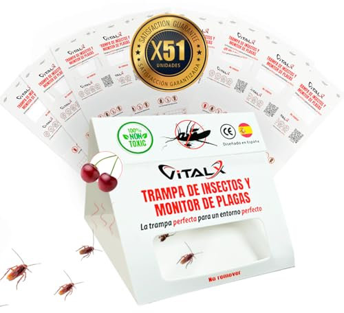 VITALX® SÚPER Pack de 51 Piezas TRAMPAS CUCARACHAS + Olor a Cereza | Trampa ULTRADHESIVA | Anti Cucarachas | Lo Mejor para Eliminar Cucarachas | Trampa Insectos Profesional | Anti Insectos